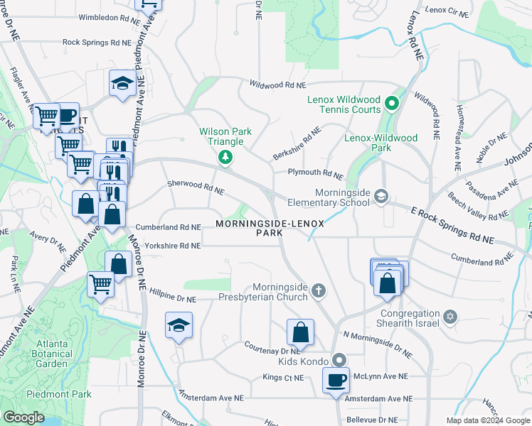 map of restaurants, bars, coffee shops, grocery stores, and more near 829 Sherwood Road Northeast in Atlanta