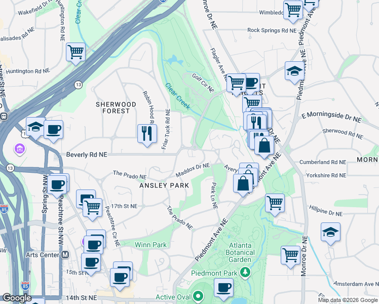 map of restaurants, bars, coffee shops, grocery stores, and more near 4 Polo Drive Northeast in Atlanta