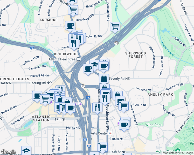 map of restaurants, bars, coffee shops, grocery stores, and more near 1590 Peachtree Street Northwest in Atlanta
