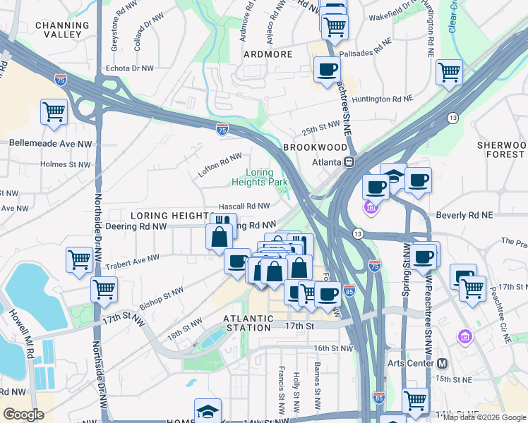 map of restaurants, bars, coffee shops, grocery stores, and more near 297 Deering Road Northwest in Atlanta