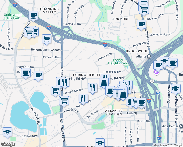 map of restaurants, bars, coffee shops, grocery stores, and more near 452 Hascall Road Northwest in Atlanta