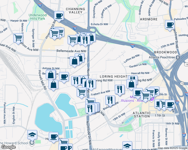 map of restaurants, bars, coffee shops, grocery stores, and more near 1527 Northside Drive Northwest in Atlanta