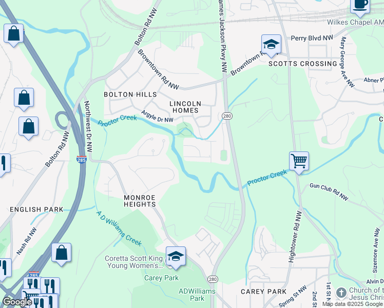 map of restaurants, bars, coffee shops, grocery stores, and more near 2913 Delray Drive Northwest in Atlanta