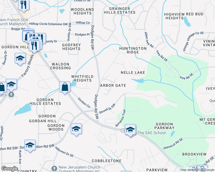map of restaurants, bars, coffee shops, grocery stores, and more near 6564 Arbor Gate Drive Southwest in Mableton