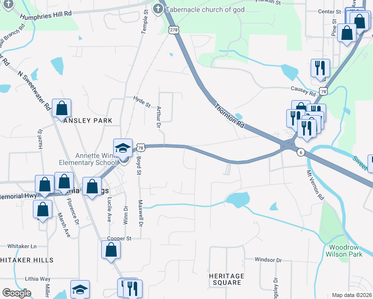 map of restaurants, bars, coffee shops, grocery stores, and more near Highway 78 in Lithia Springs
