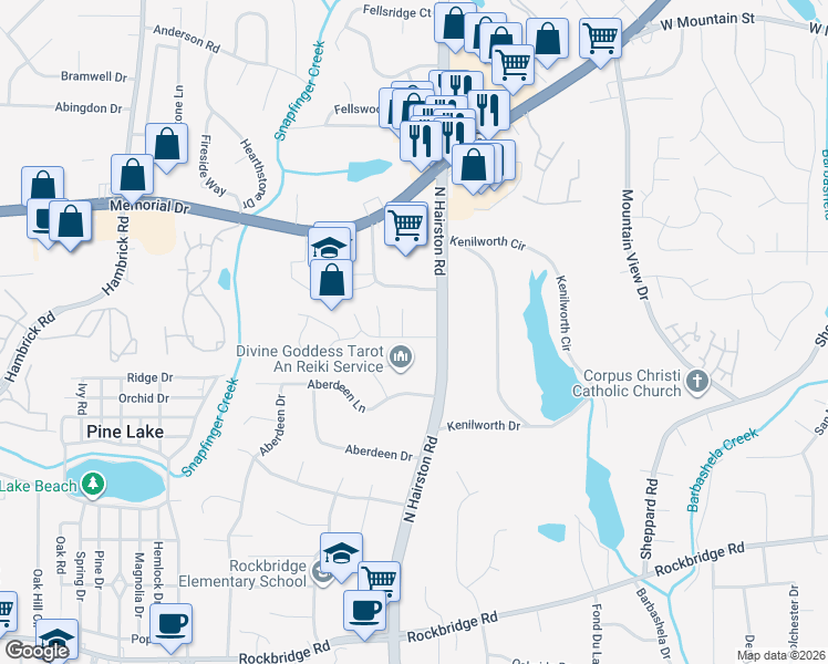 map of restaurants, bars, coffee shops, grocery stores, and more near 4780 Hairston Crossing Road in Stone Mountain
