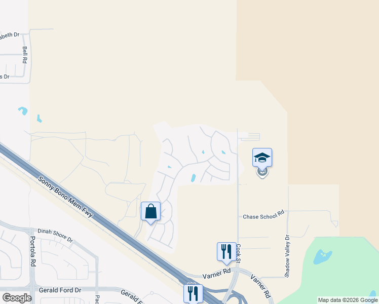 map of restaurants, bars, coffee shops, grocery stores, and more near 34649 Double Diamond Drive in Thousand Palms
