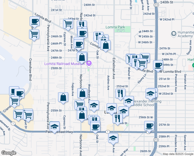 map of restaurants, bars, coffee shops, grocery stores, and more near 25043 Oak Street in Lomita