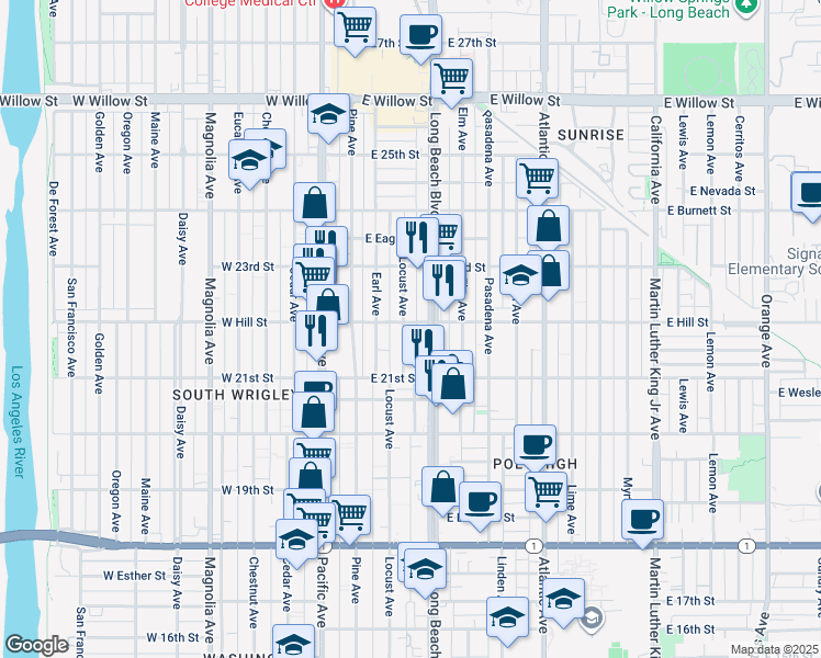 map of restaurants, bars, coffee shops, grocery stores, and more near 2190 Locust Avenue in Long Beach