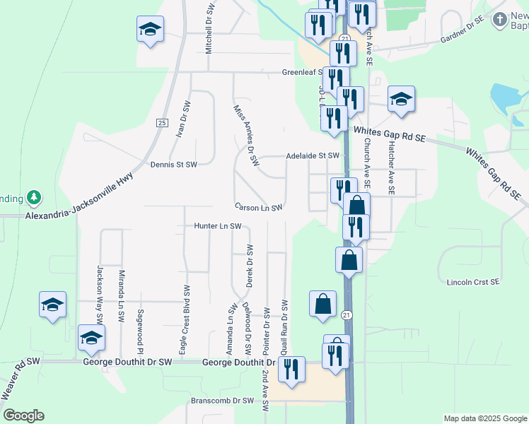 map of restaurants, bars, coffee shops, grocery stores, and more near 1100 Derek Drive Southwest in Jacksonville