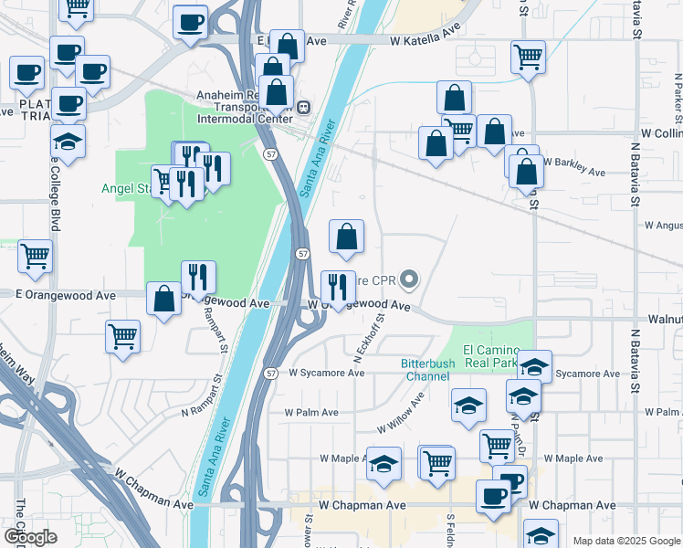 map of restaurants, bars, coffee shops, grocery stores, and more near 2211 West Orangewood Avenue in Orange