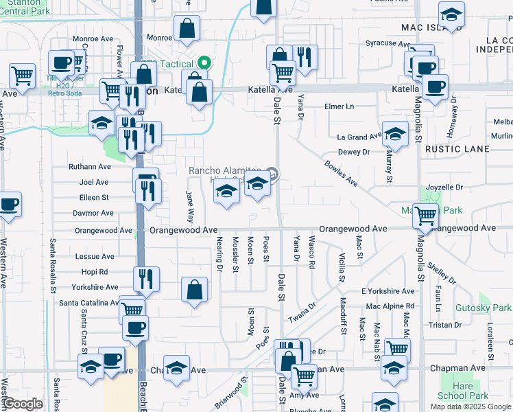 map of restaurants, bars, coffee shops, grocery stores, and more near 11351 Dale Street in Garden Grove