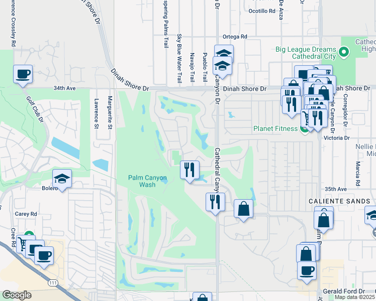 map of restaurants, bars, coffee shops, grocery stores, and more near 68323 Calle Cordoba in Cathedral City