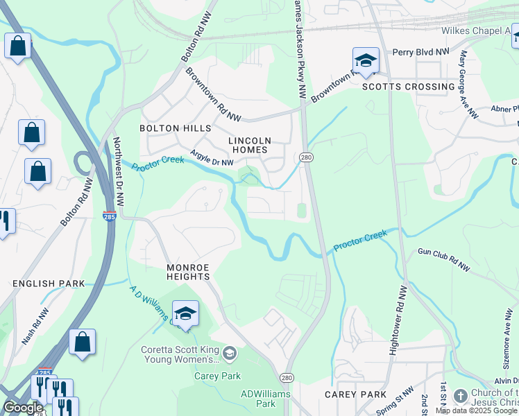 map of restaurants, bars, coffee shops, grocery stores, and more near 2913 Delray Drive Northwest in Atlanta