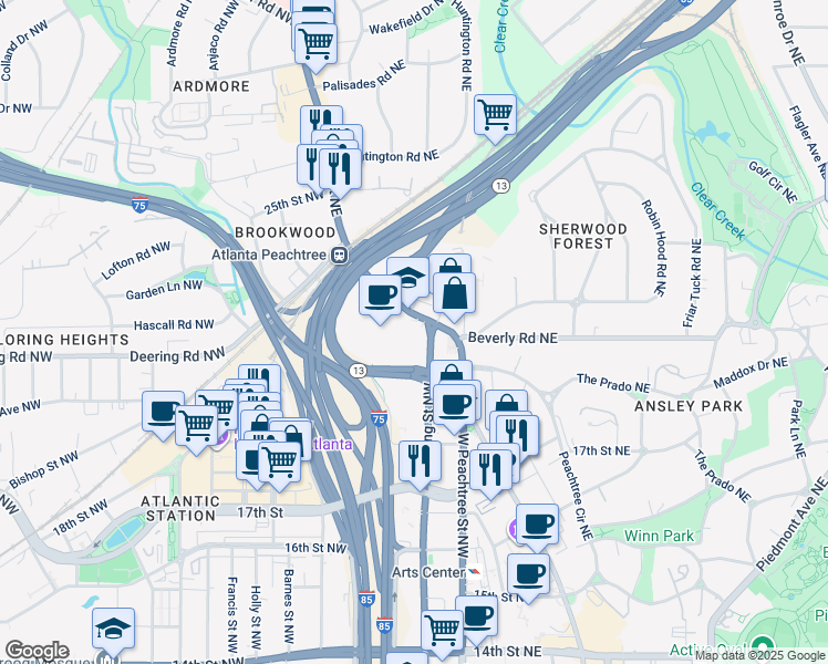 map of restaurants, bars, coffee shops, grocery stores, and more near 1580 Peachtree Street Northwest in Atlanta