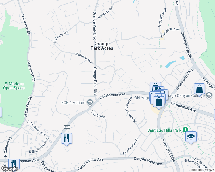 map of restaurants, bars, coffee shops, grocery stores, and more near 546 North Wildhorse Circle in Orange