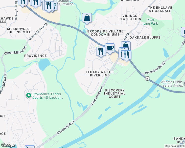 map of restaurants, bars, coffee shops, grocery stores, and more near 6388 Century Park Place Southeast in Mableton