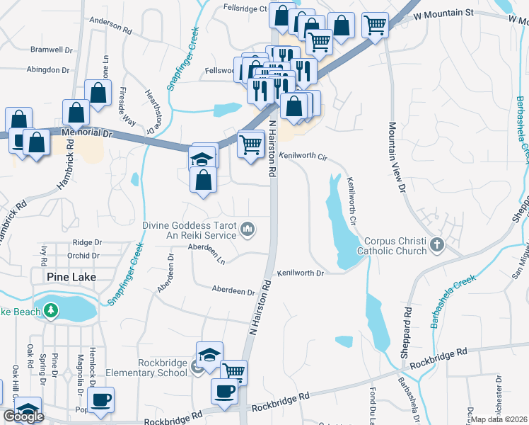 map of restaurants, bars, coffee shops, grocery stores, and more near 4775 Hairston Crossing Road in Stone Mountain