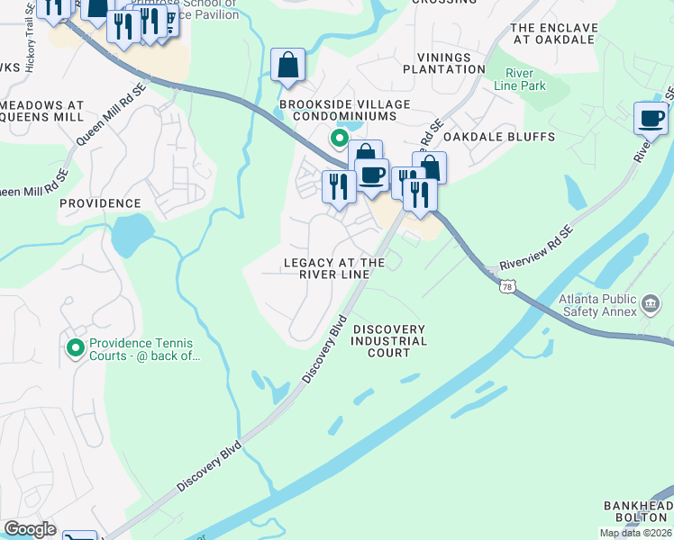map of restaurants, bars, coffee shops, grocery stores, and more near 6492 Century Park Place in Mableton