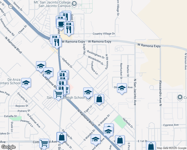 map of restaurants, bars, coffee shops, grocery stores, and more near 407 Westminster Drive in San Jacinto