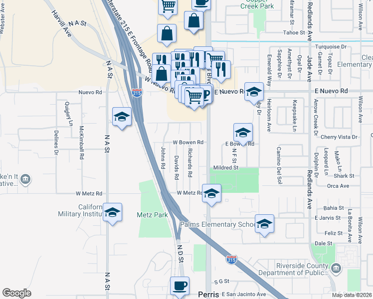 map of restaurants, bars, coffee shops, grocery stores, and more near 1098 Richards Road in Perris