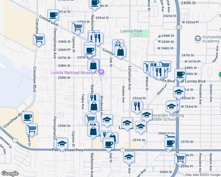 map of restaurants, bars, coffee shops, grocery stores, and more near 25043 Oak Street in Lomita