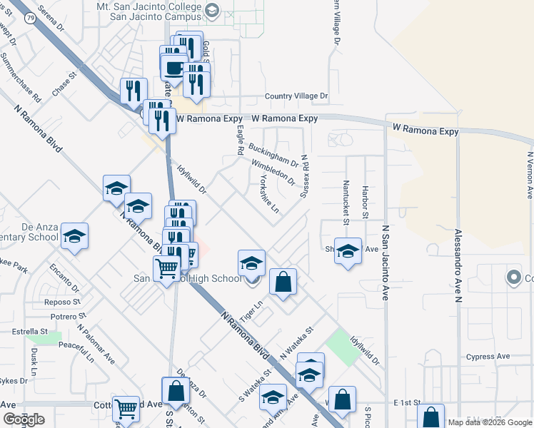 map of restaurants, bars, coffee shops, grocery stores, and more near 407 Westminster Drive in San Jacinto