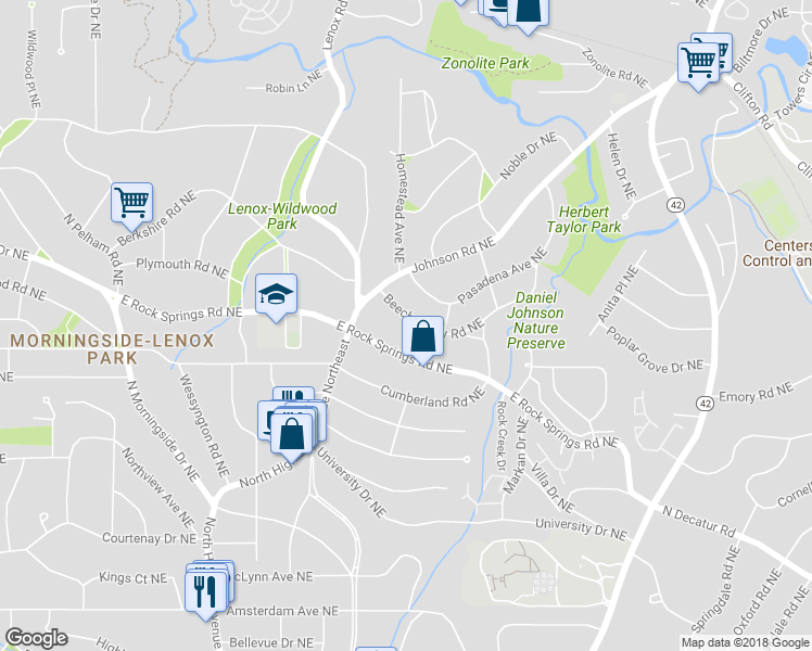 map of restaurants, bars, coffee shops, grocery stores, and more near 1201 Beech Valley Road Northeast in Atlanta