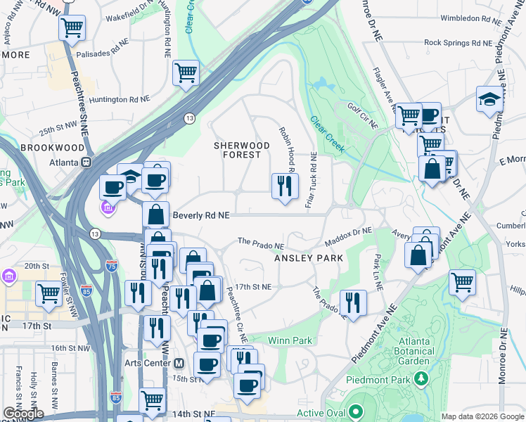 map of restaurants, bars, coffee shops, grocery stores, and more near 166 Beverly Road Northeast in Atlanta