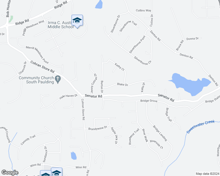 map of restaurants, bars, coffee shops, grocery stores, and more near 64 Blake Drive in Douglasville