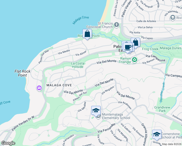 map of restaurants, bars, coffee shops, grocery stores, and more near 801 Vía Somonte in Palos Verdes Estates