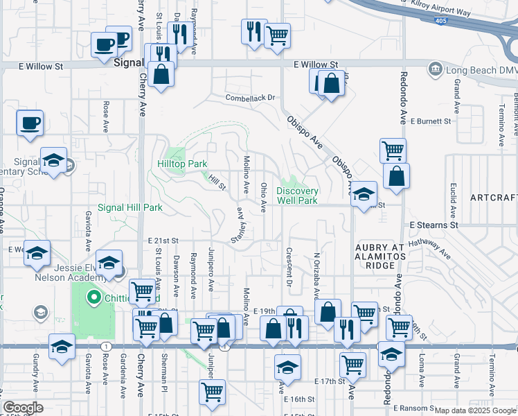 map of restaurants, bars, coffee shops, grocery stores, and more near 2199 Ohio Avenue in Signal Hill