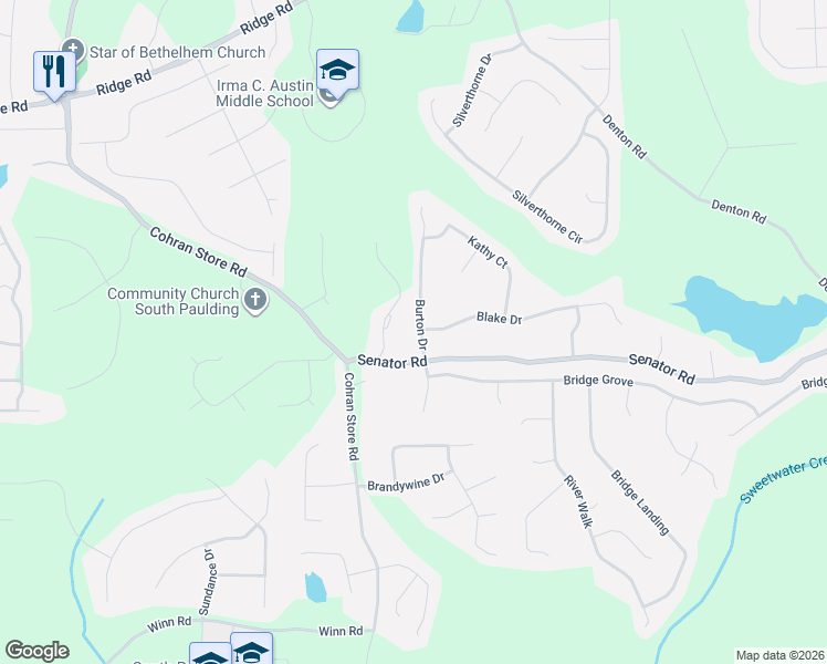 map of restaurants, bars, coffee shops, grocery stores, and more near 30 Jenny Cohran Drive in Douglasville