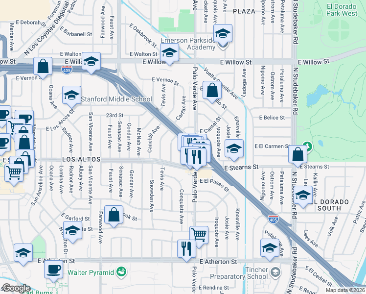 map of restaurants, bars, coffee shops, grocery stores, and more near 26 Woodruff Avenue in Long Beach