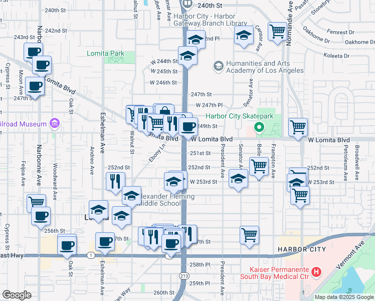 map of restaurants, bars, coffee shops, grocery stores, and more near 25020 Western Avenue in Los Angeles