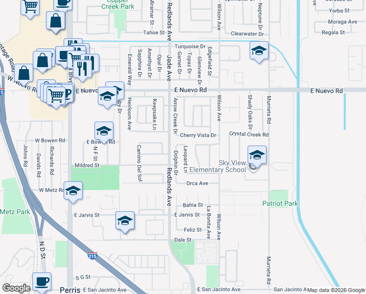 map of restaurants, bars, coffee shops, grocery stores, and more near 1182 Leopard Lane in Perris