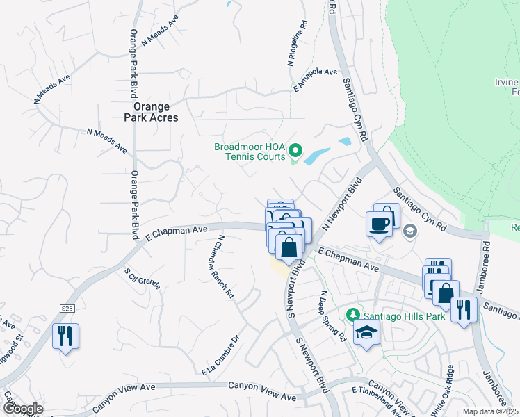 map of restaurants, bars, coffee shops, grocery stores, and more near 515 North Broadmoor Trail in Orange
