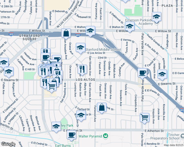 map of restaurants, bars, coffee shops, grocery stores, and more near in Long Beach