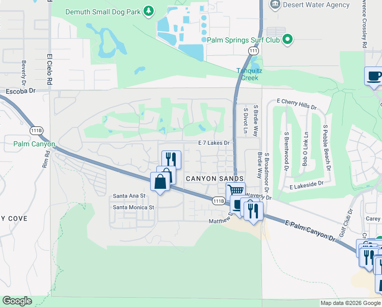 map of restaurants, bars, coffee shops, grocery stores, and more near 2262 South Linden Way in Palm Springs