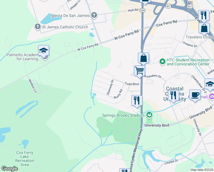 map of restaurants, bars, coffee shops, grocery stores, and more near 602 Jefferson Way in Conway