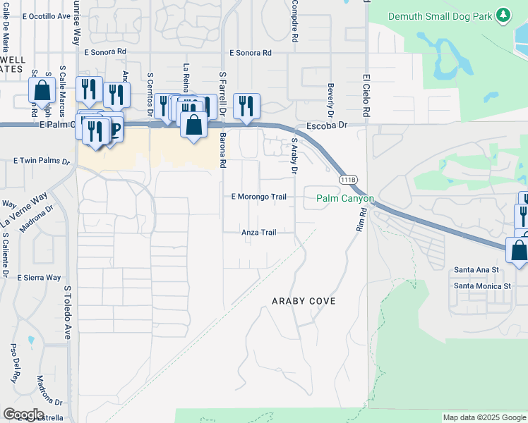 map of restaurants, bars, coffee shops, grocery stores, and more near 2788 Princess Lane in Palm Springs