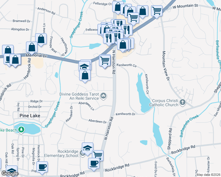 map of restaurants, bars, coffee shops, grocery stores, and more near 4775 Hairston Crossing Road in Stone Mountain