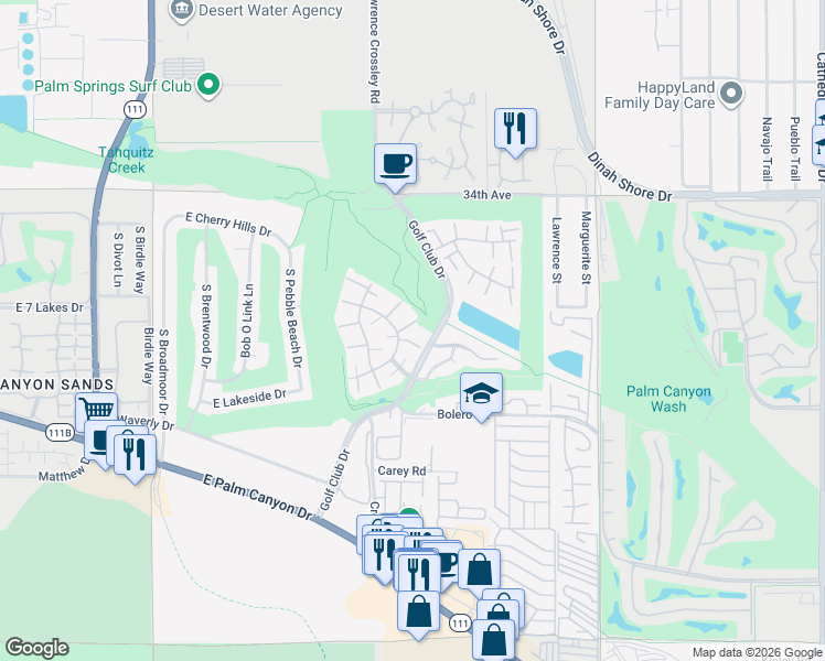 map of restaurants, bars, coffee shops, grocery stores, and more near 2356 Los Coyotes Drive in Palm Springs