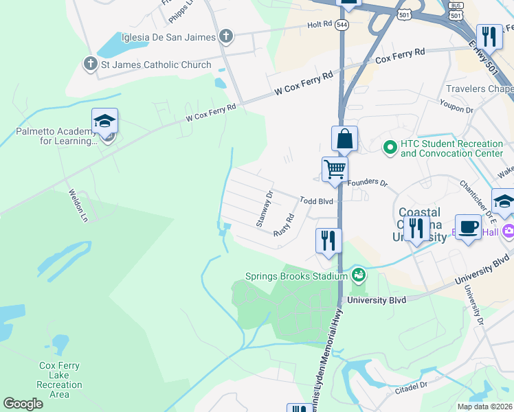 map of restaurants, bars, coffee shops, grocery stores, and more near 606 Lincoln Lane in Conway
