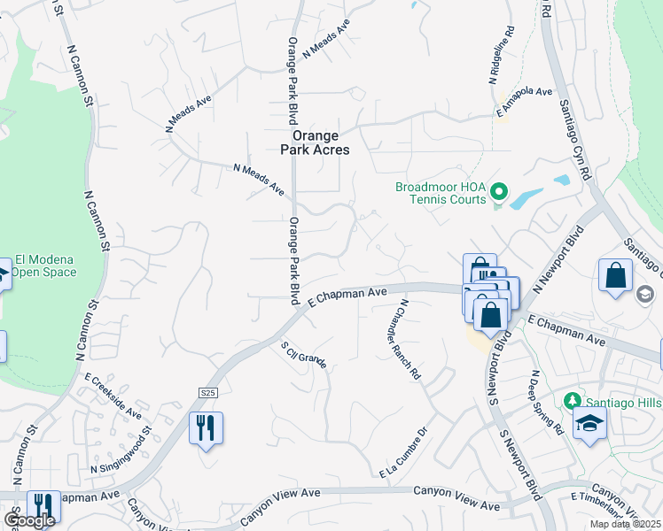 map of restaurants, bars, coffee shops, grocery stores, and more near 546 North Wildhorse Circle in Orange
