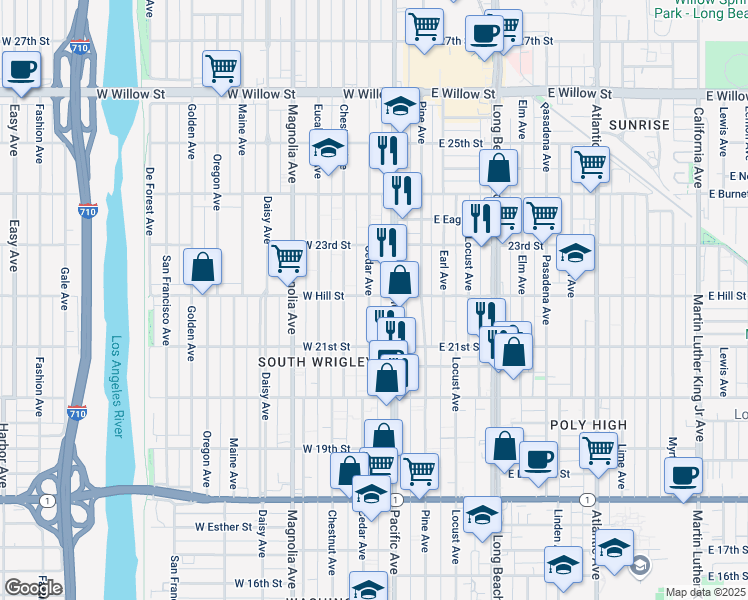 map of restaurants, bars, coffee shops, grocery stores, and more near 232 West Hill Street in Long Beach