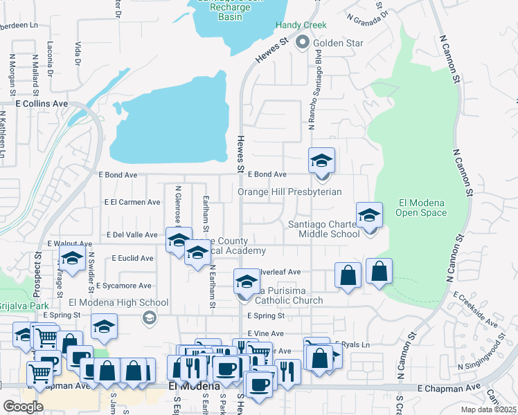 map of restaurants, bars, coffee shops, grocery stores, and more near 18802 East El Carmen Avenue in Orange