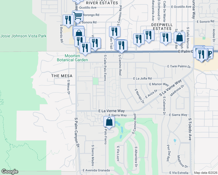 map of restaurants, bars, coffee shops, grocery stores, and more near Caravan Street in Palm Springs