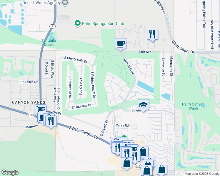 map of restaurants, bars, coffee shops, grocery stores, and more near 2357 Los Patos Drive in Palm Springs