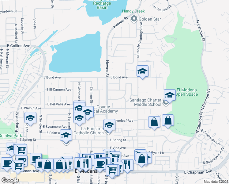 map of restaurants, bars, coffee shops, grocery stores, and more near 18802 East El Carmen Avenue in Orange